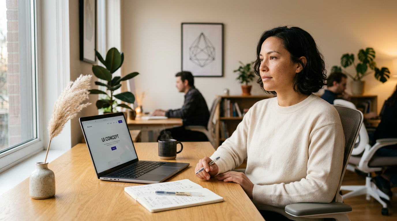 Neubizz studio at work — designer sketching a website layout beside a laptop showing a clean product page